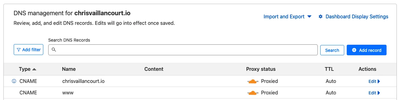 original cloudflare DNS settings with two CNAME records pointing to cloudflare pages site