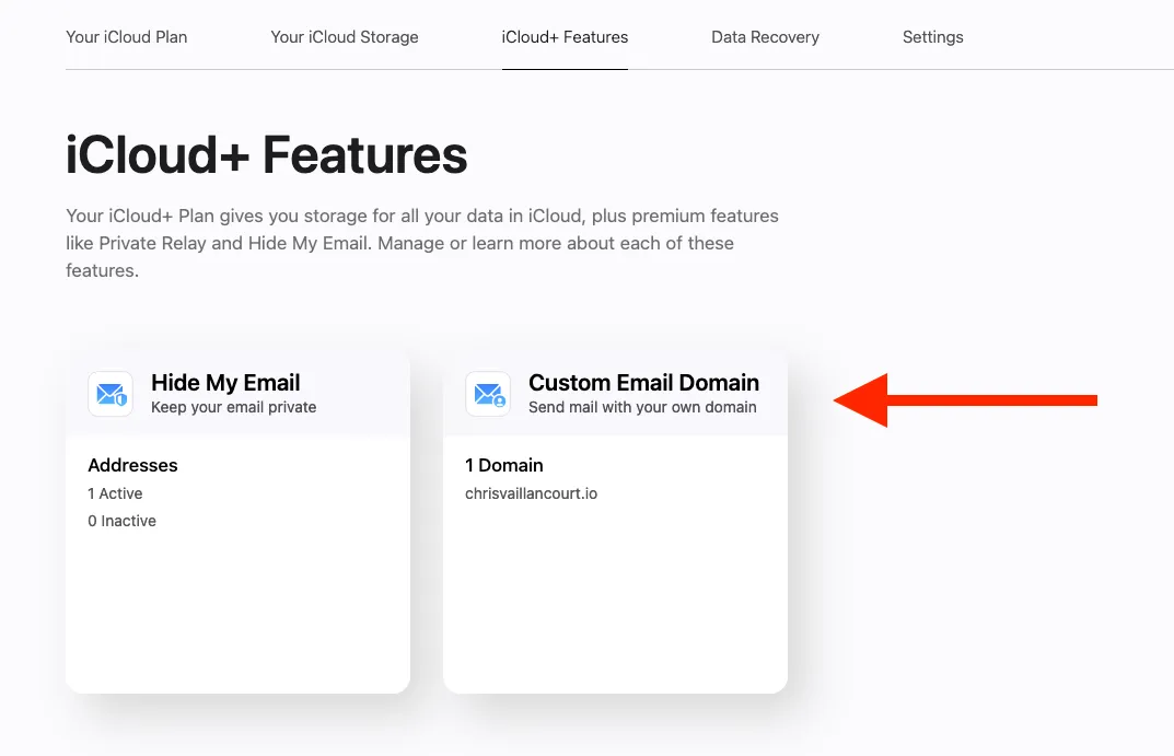 iCloud+ features page with a card for custom email domains