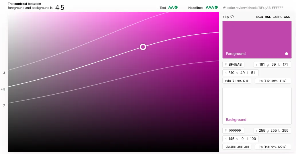 Color contrast ratio of 4.5 after dropping the original color's lightness by 1%